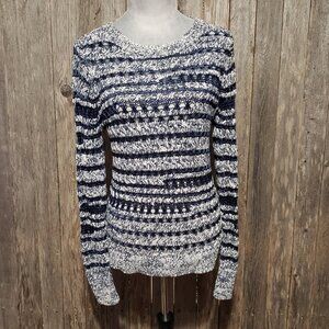 Caslon M Sweater Blue White Stitchy Marled Preppy Academia Coastal Cozy Mod